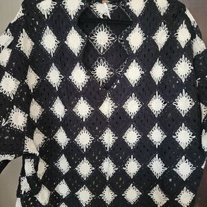 Free People Black and Cream V-Neck Sweater